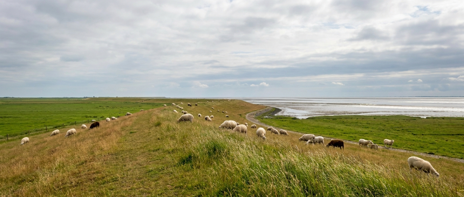 Grüne Deichlandschaft im Urlaub auf der Nordseeinsel Pellworm mit grasenden Schafen und weitem Himmel über dem Wattenmeer