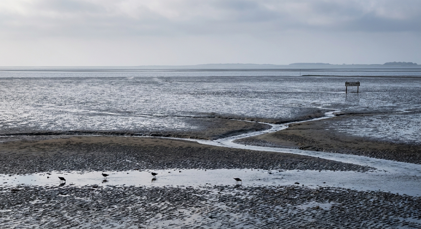 Wattboden bei Niedrigwasser im UNESCO-Weltnaturerbe Wattenmeer rund um die Nordseeinsel Pellworm bei einer geführten Wattwanderung