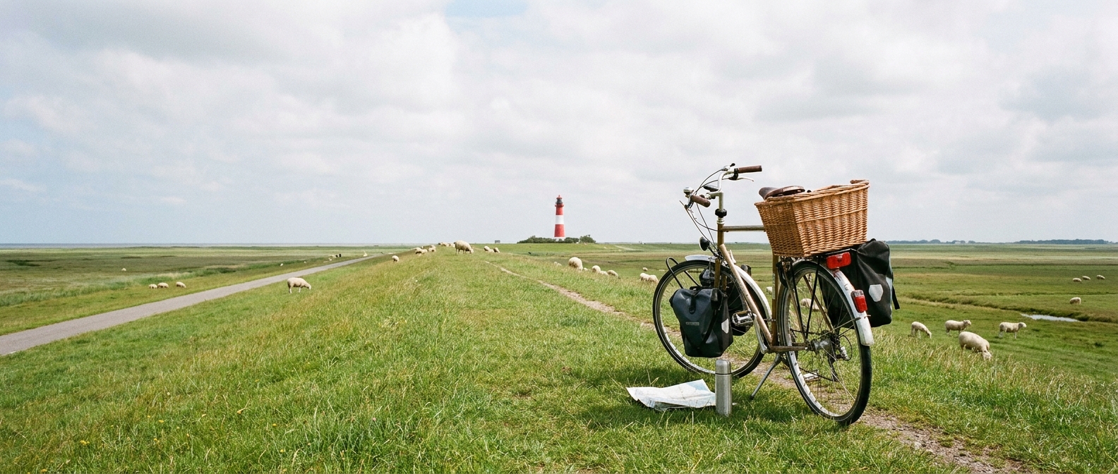Fahrradurlaub auf der flachen Nordseeinsel Pellworm – Fahrrad am Deichweg mit Blick über die weite Küstenlandschaft