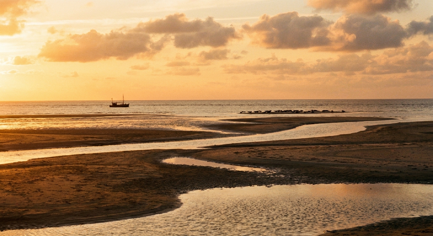 Nordseeküste der Insel Pellworm mit Wattenmeer, Ausflugsschiff und stimmungsvollem Sonnenuntergang als Naturerlebnis im Urlaub