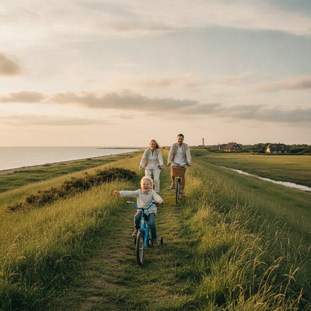 Familie mit Kind beim Radfahren auf den weiten Wegen der Nordseeinsel Pellworm – Familienurlaub im Radmokerhus