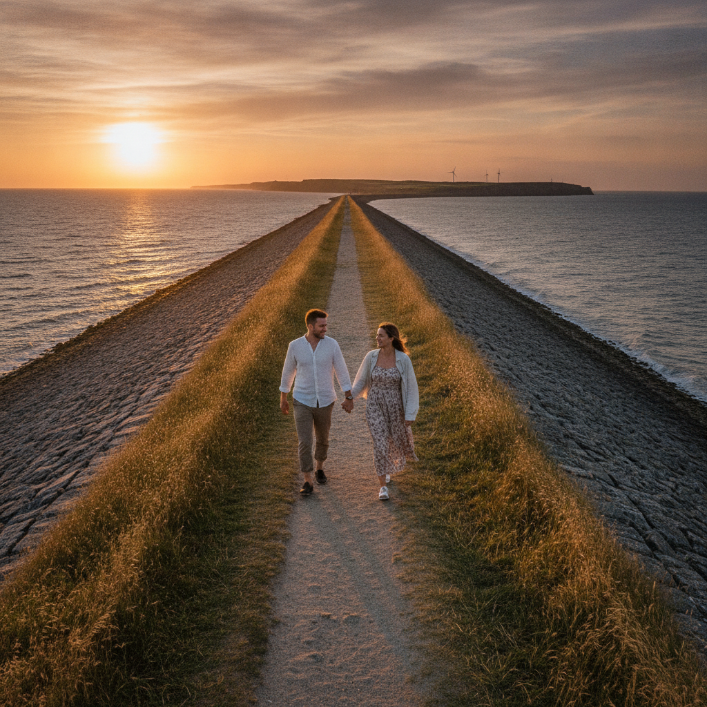 Paar beim Spaziergang am Deich der Nordseeinsel Pellworm bei Sonnenuntergang – Urlaub zu zweit im Radmokerhus