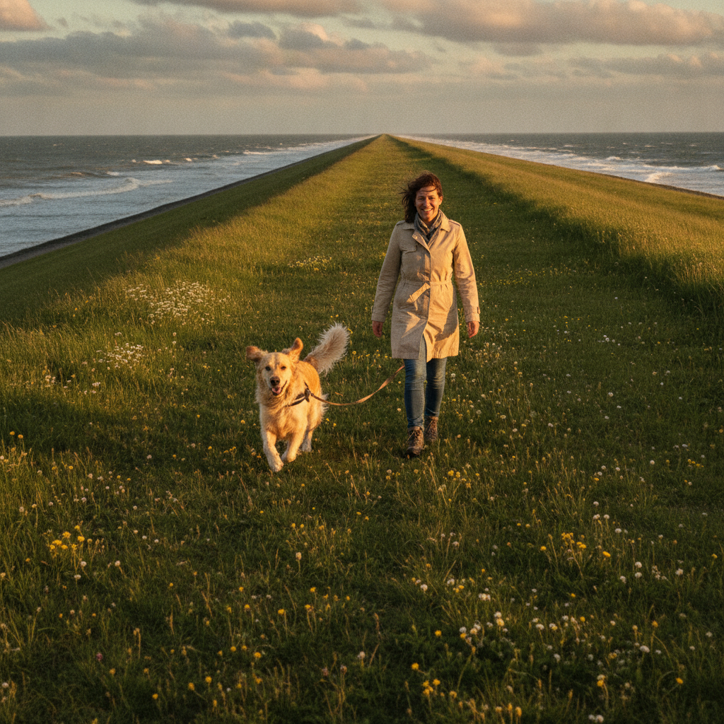 Spaziergang mit Hund durch die weite Natur der Nordseeinsel Pellworm – hundefreundlicher Urlaub im Radmokerhus