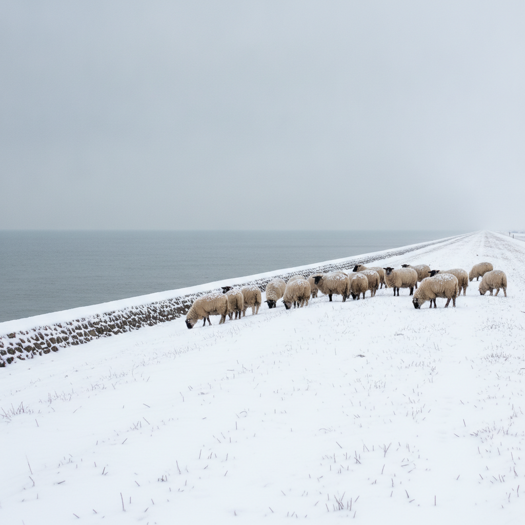 Verschneiter Deich mit Schafen im Winter an der Nordseeküste der Insel Pellworm – winterlicher Nordsee-Urlaub abseits der Sommersaison für Naturliebhaber und Ruhesuchende