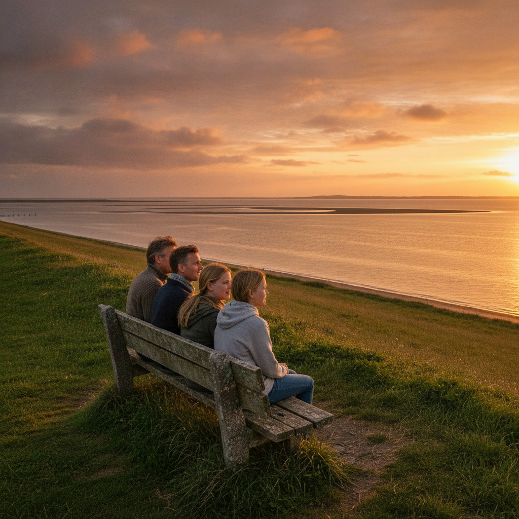 Familienurlaub auf der Nordseeinsel Pellworm: Eltern und ihre erwachsenen Kinder sitzen gemeinsam auf einer Holzbank am grünen Deich und blicken bei Sonnenuntergang über das Wattenmeer in Schleswig-Holstein