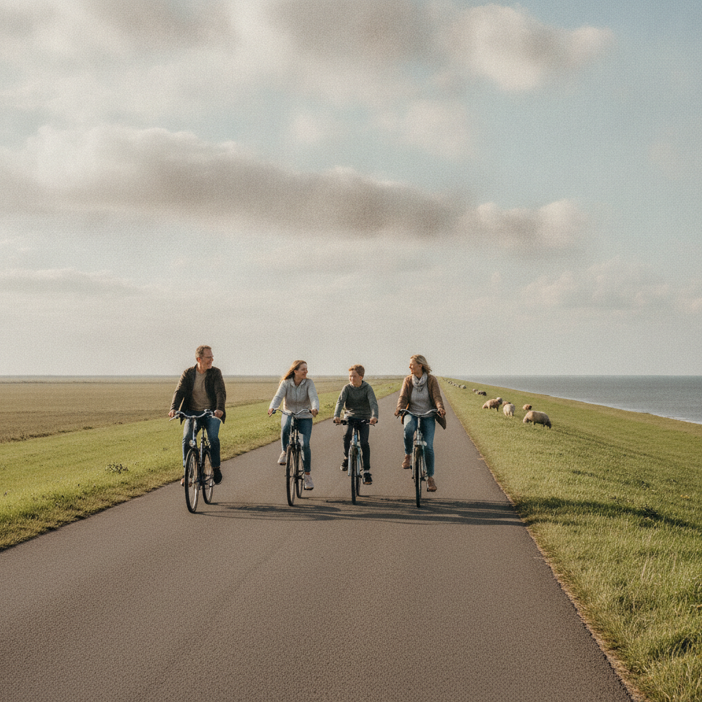 Aktivurlaub auf der Nordseeinsel Pellworm: Eltern und erwachsene Kinder fahren gemeinsam mit dem Fahrrad auf einem Radweg entlang des grünen Nordseedeichs