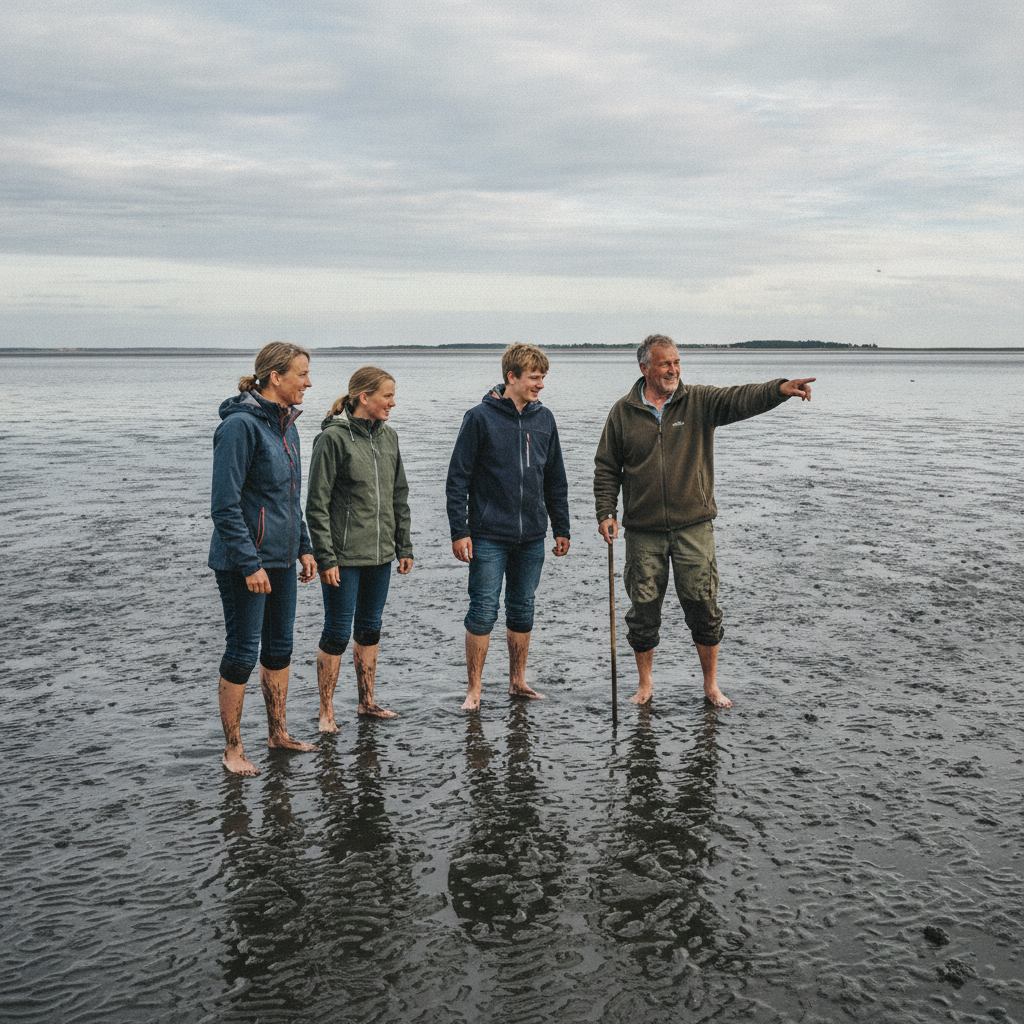 Geführte Wattwanderung vor der Nordseeinsel Pellworm: Familie mit erwachsenen Kindern läuft barfuß über den Meeresboden im UNESCO-Weltnaturerbe Wattenmeer (Nationalpark Schleswig-Holsteinisches Wattenmeer)