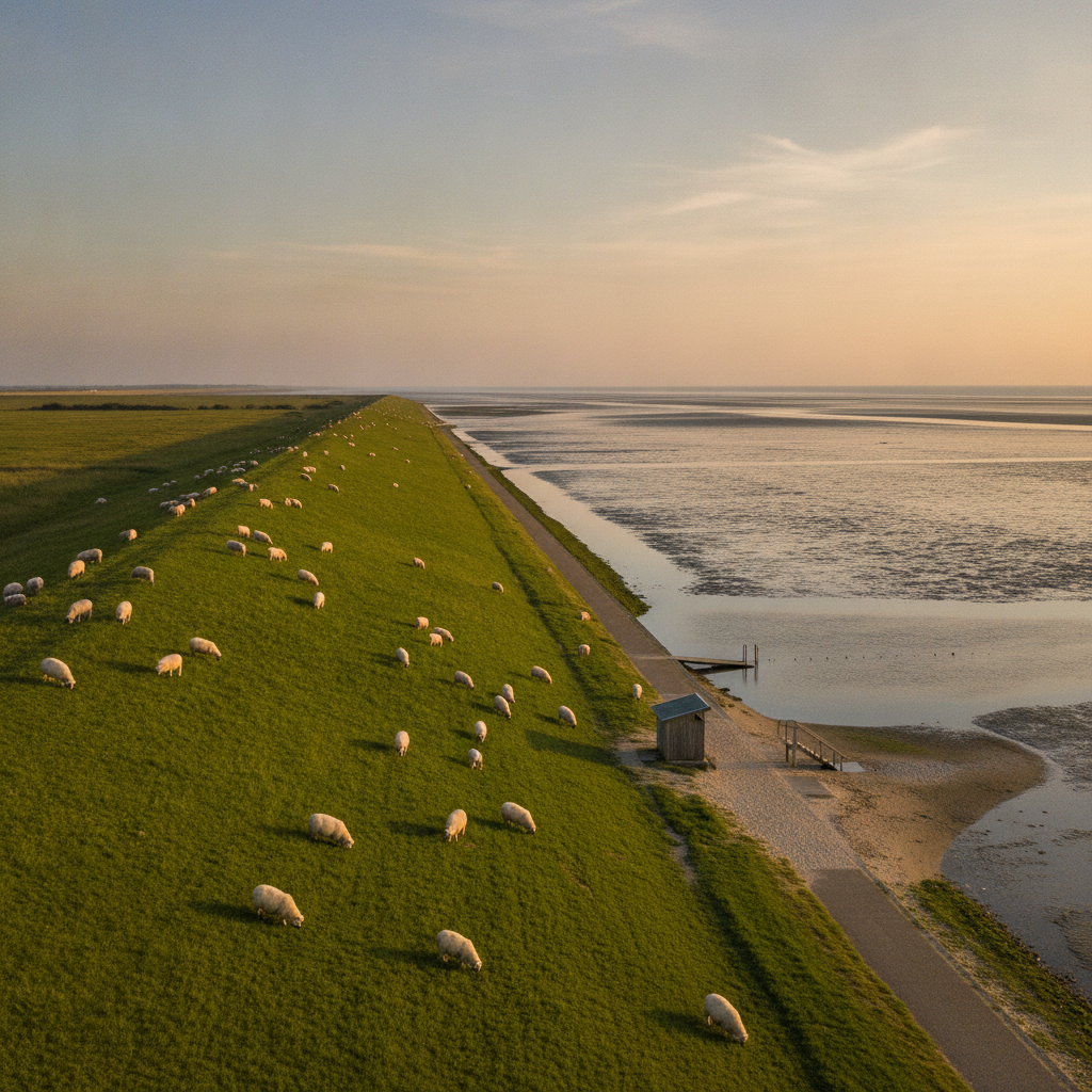 Badestelle Hörn auf der Nordseeinsel Pellworm: grüner Nordseedeich mit grasenden Deichschafen im Vordergrund und ruhiges Nordseewasser im Hintergrund, nur einen Kilometer vom Radmokerhus entfernt