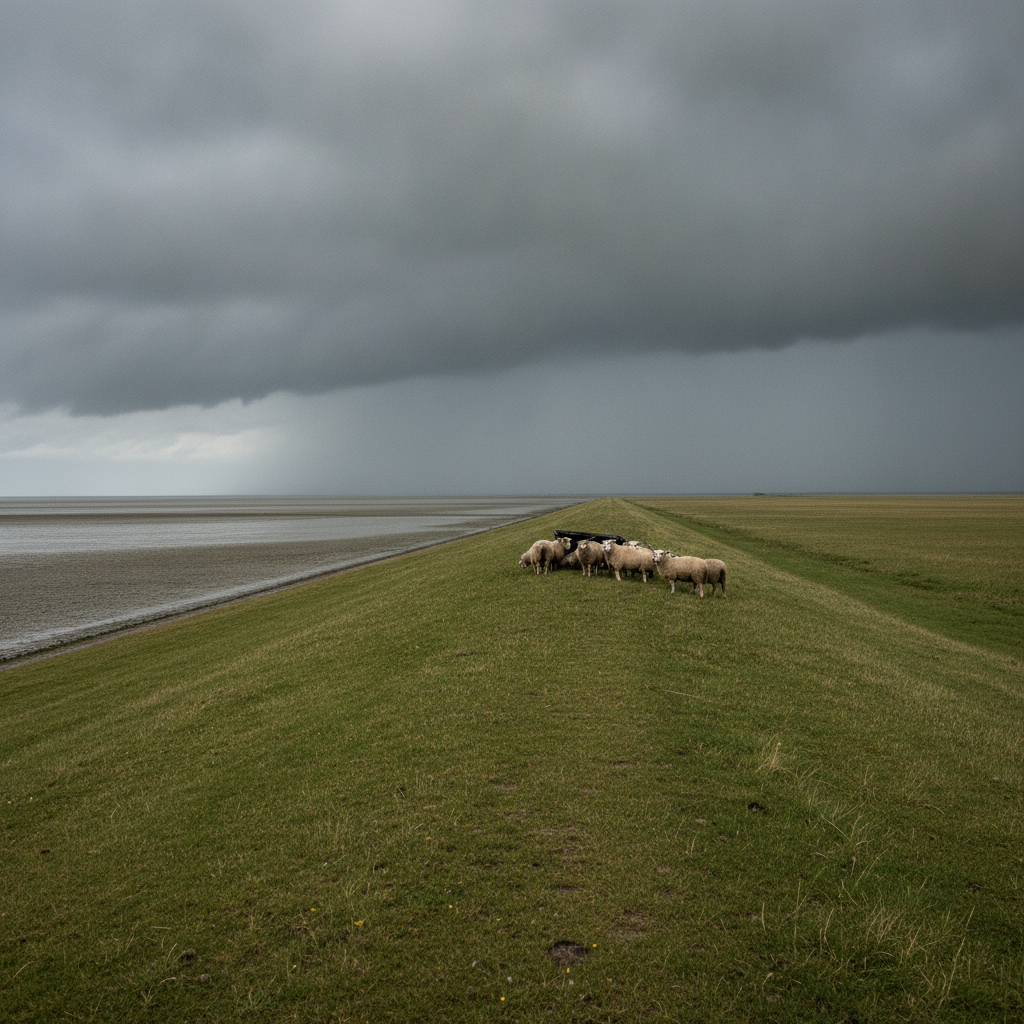 Nordseeinsel Pellworm bei bewölktem Wetter: stimmungsvoller Blick vom grünen Deich über das Wattenmeer mit dramatischer Wolkenstimmung – auch bei Regen ein besonderes Urlaubserlebnis für Familien