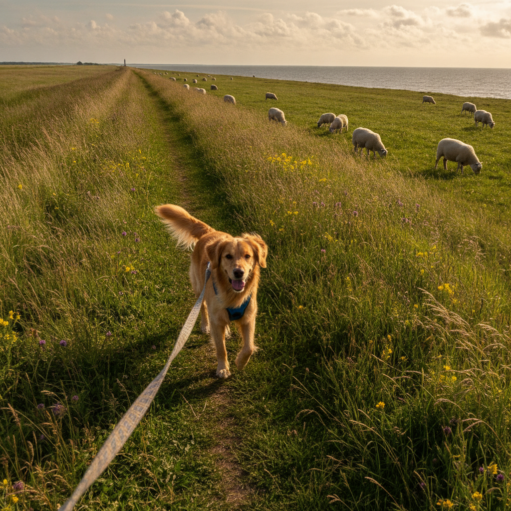 Urlaub mit Hund auf der Nordseeinsel Pellworm – angeleinter Hund auf einem Deichweg mit grasenden Schafen und Blick über die Nordsee