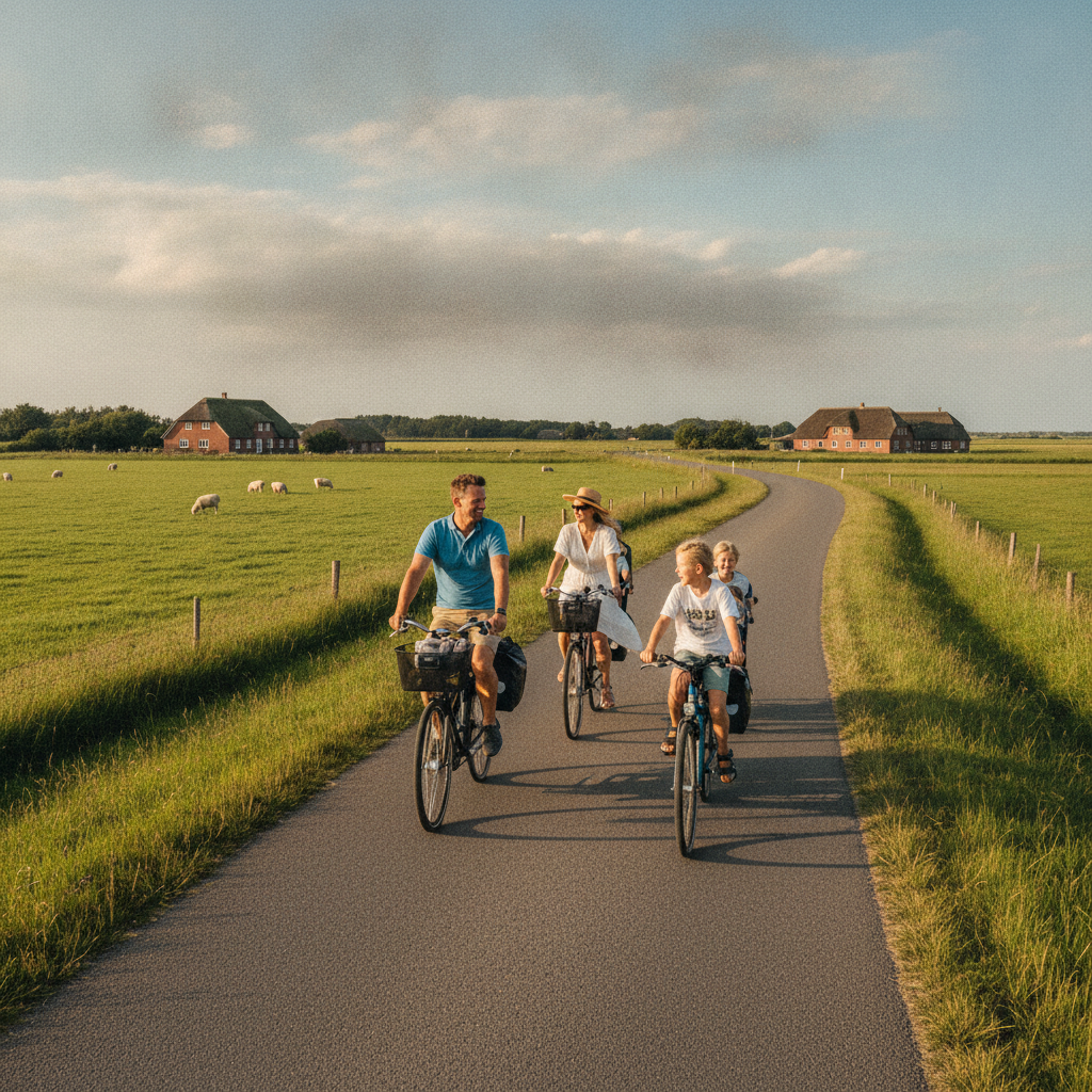Familienurlaub auf der Nordseeinsel Pellworm – Familie beim gemeinsamen Radfahren auf einem ruhigen Feldweg durch die Inselweite