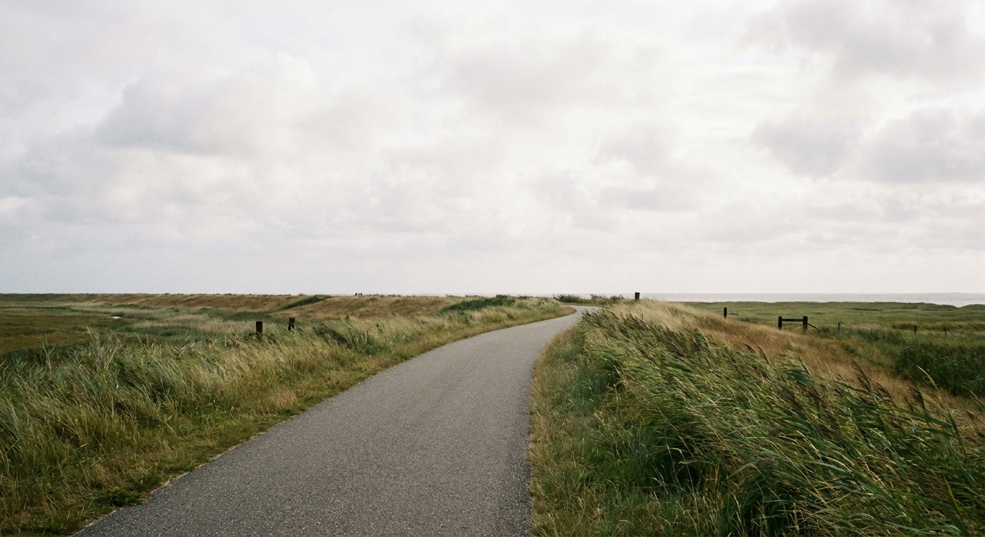 Paar radelt gemeinsam auf einem ruhigen Radweg entlang des Deichs auf der Nordseeinsel Pellworm – Fahrradtour im Urlaub zu zweit