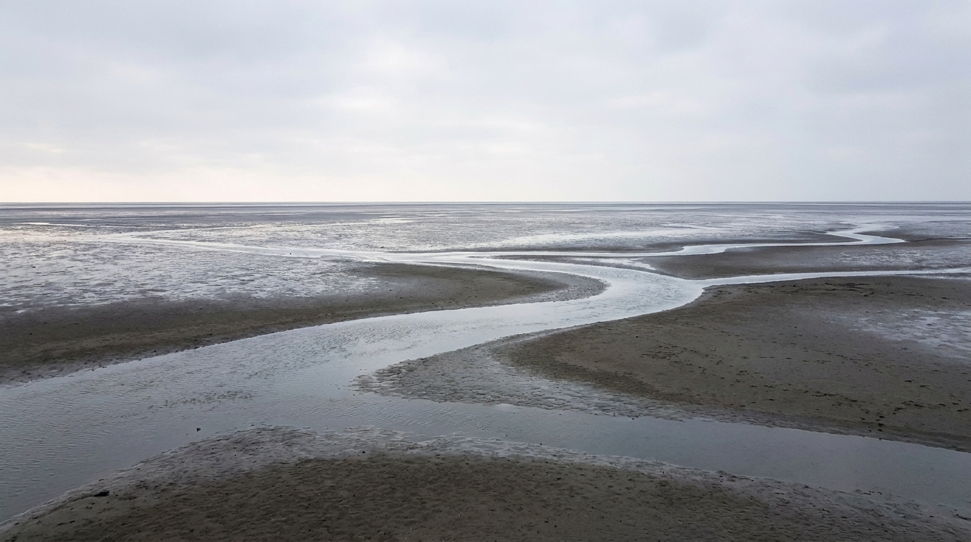 Weites Wattenmeer bei Ebbe an der Nordsee vor der Nordseeinsel Pellworm – Spaziergang und Wattwanderung für Paare im Urlaub zu zweit