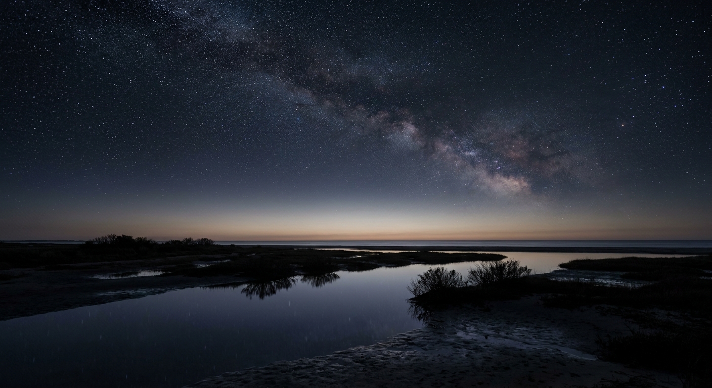 Klarer Sternenhimmel über der ruhigen Nordseeinsel Pellworm als Sterneninsel – romantischer Abend für Paare im Urlaub zu zweit