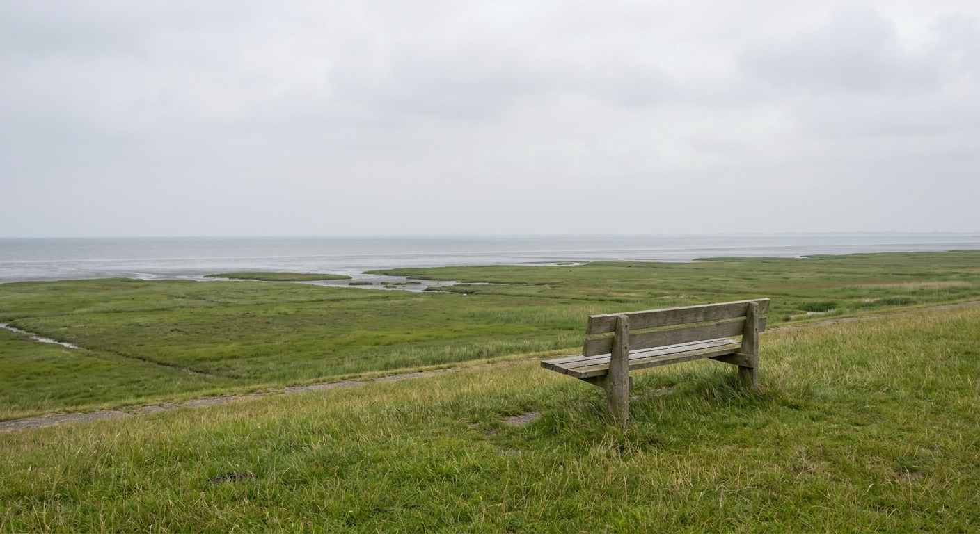 Auszeit zu zweit auf der Nordseeinsel Pellworm – ruhige Bank auf dem Deich mit weitem Blick über Wiesen und Nordsee