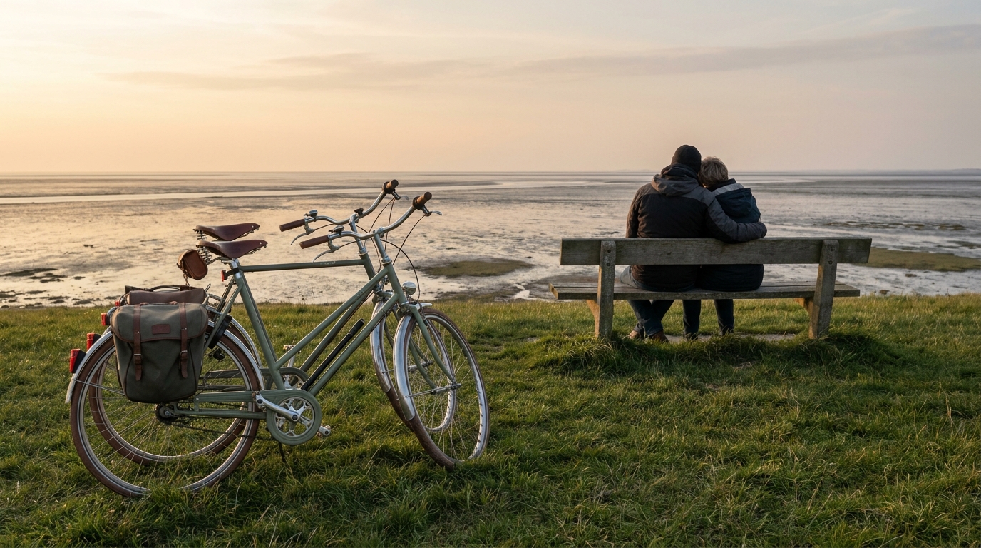 Fahrradtour und Urlaub zu zweit auf der Nordseeinsel Pellworm – zwei zusammengestellte Fahrräder auf dem Deich, im Hintergrund ein umschlungenes Paar auf einer Holzbank mit weitem Blick über die Nordsee