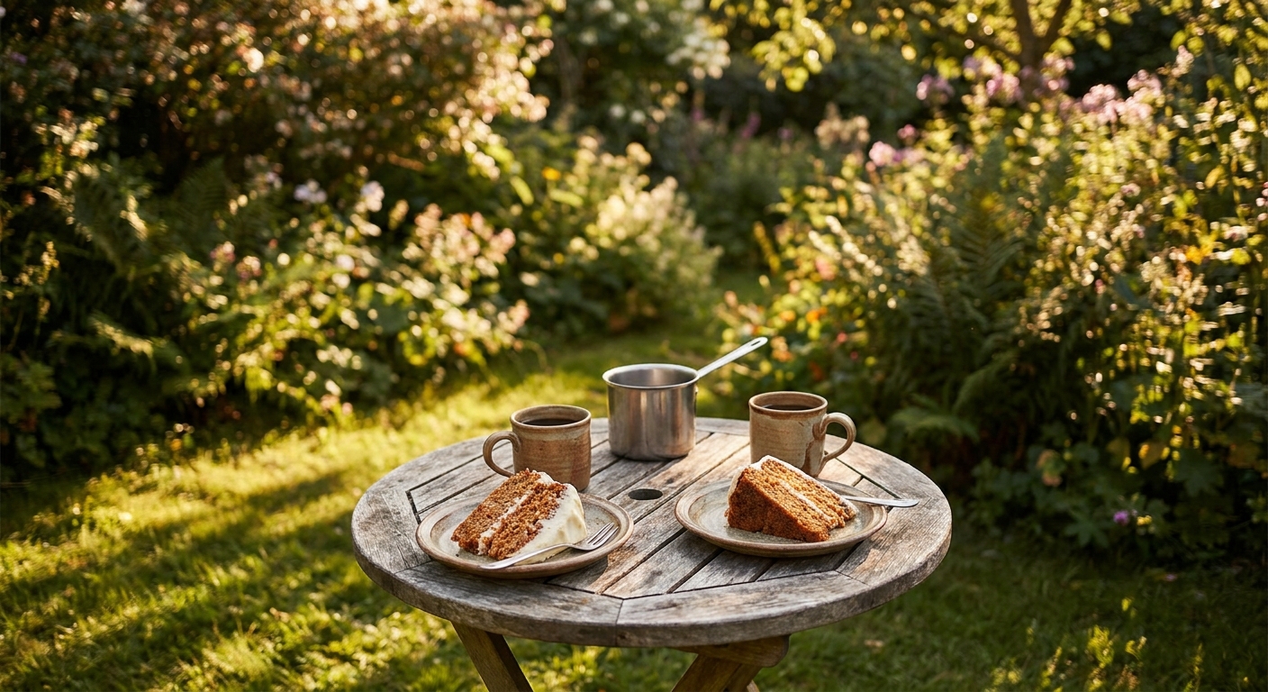 Kaffee und Kuchen im sonnigen Garten der Ferienwohnung auf der Nordseeinsel Pellworm – zwei Stück hausgemachter Kuchen und zwei Tassen frisch gebrühter Kaffee auf einem Gartentisch, umgeben von üppigem Grün