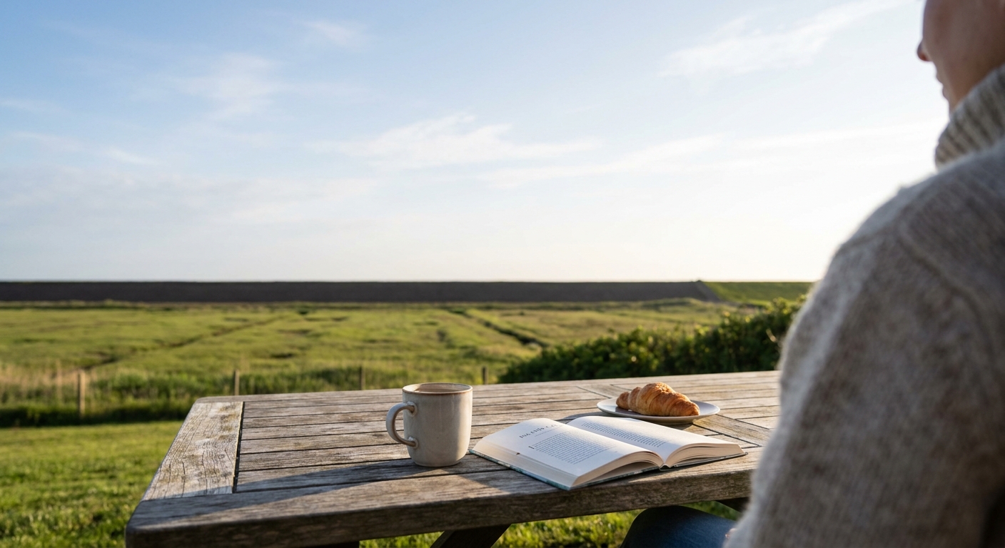 Entspannungsurlaub auf der Nordseeinsel Pellworm – ruhiger Morgen mit Kaffee auf der Terrasse der Ferienwohnung Radmokerhus mit Blick über Wiesen zum Deich