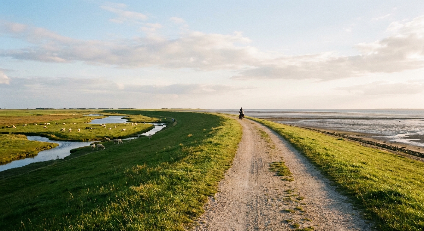 Fahrradtour auf dem Deich der Nordseeinsel Pellworm mit Blick über Wiesen und Wattenmeer – aktiver Entspannungsurlaub im eigenen Tempo an der Nordsee
