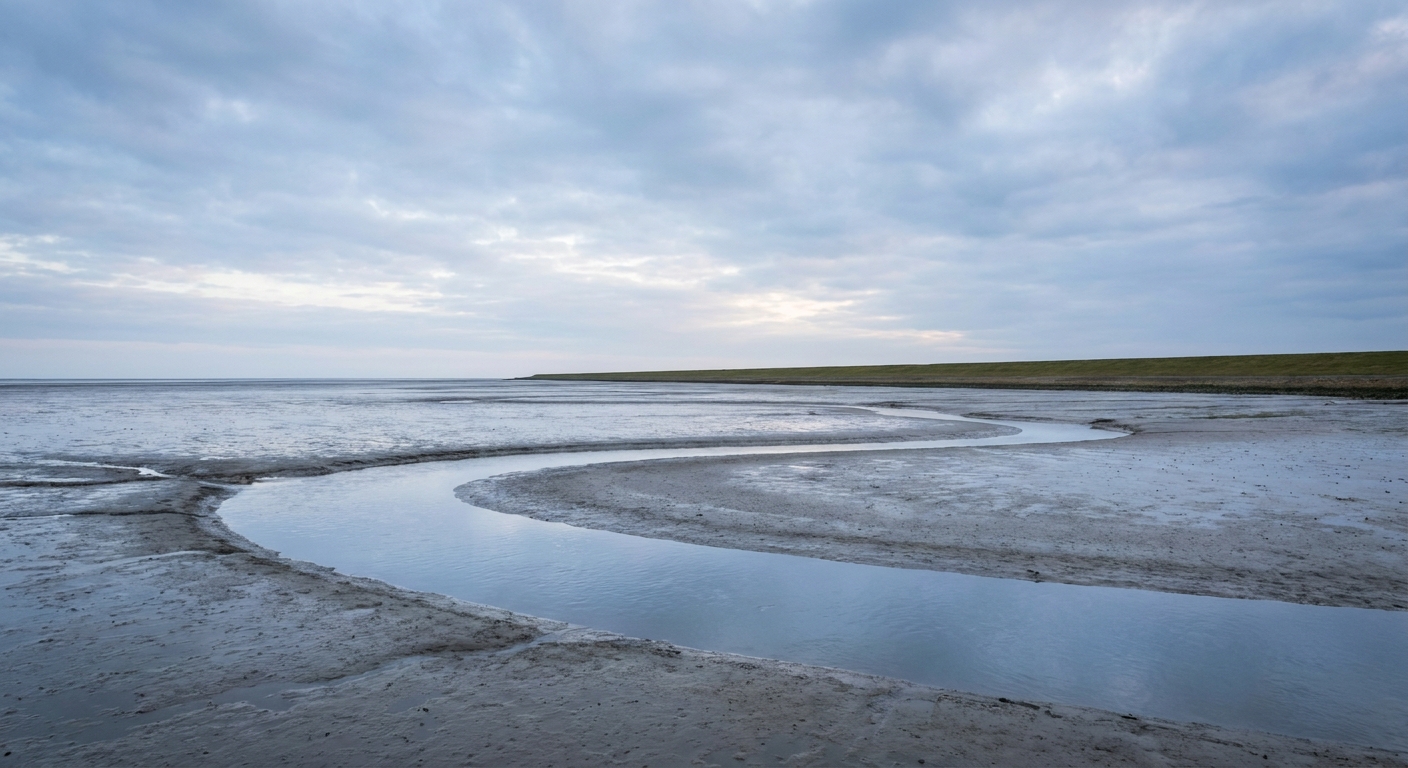 UNESCO-Weltnaturerbe Wattenmeer vor der Nordseeinsel Pellworm bei Ebbe mit Prielen und Deich am Horizont – Erholung und frische Nordseeluft im Entspannungsurlaub