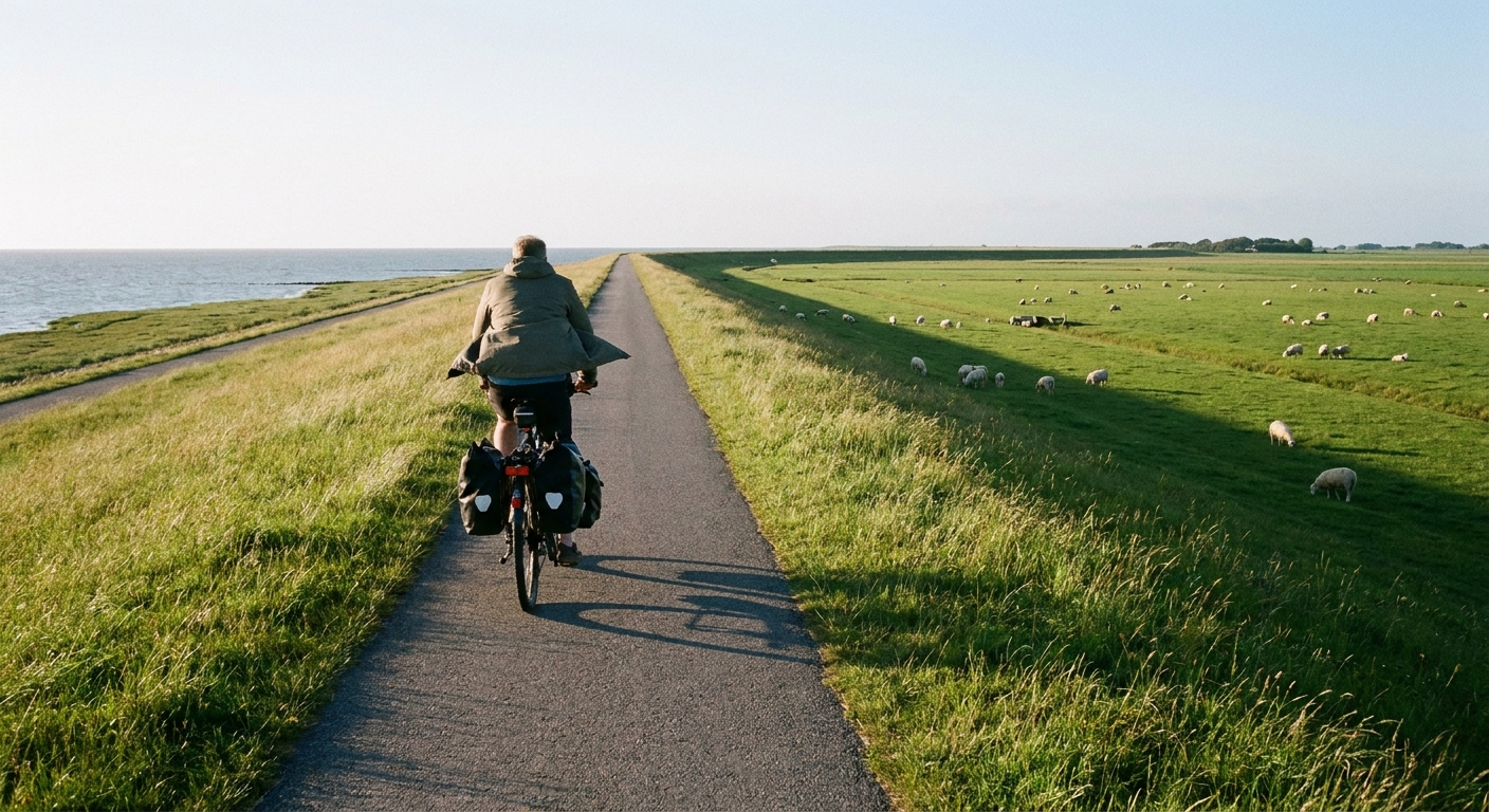 Radfahrer auf einem Deichweg auf der Nordseeinsel Pellworm bei Sonnenschein, mit Blick auf grüne Salzwiesen – aktiver Urlaub an der Nordsee