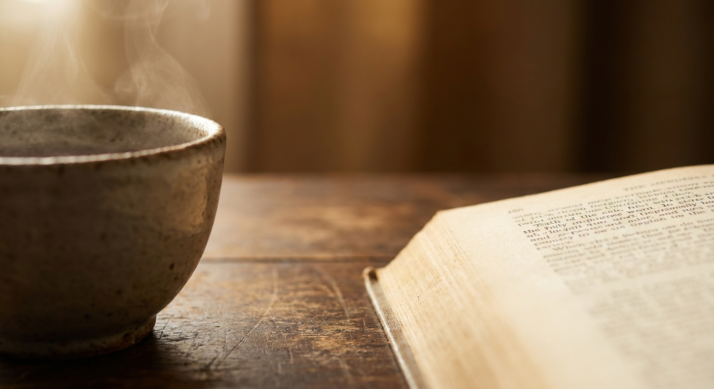 Dampfende Teetasse neben aufgeschlagenem Buch auf warmem Holztisch – gemütlicher Regentag im Ferienhaus auf der Nordseeinsel Pellworm