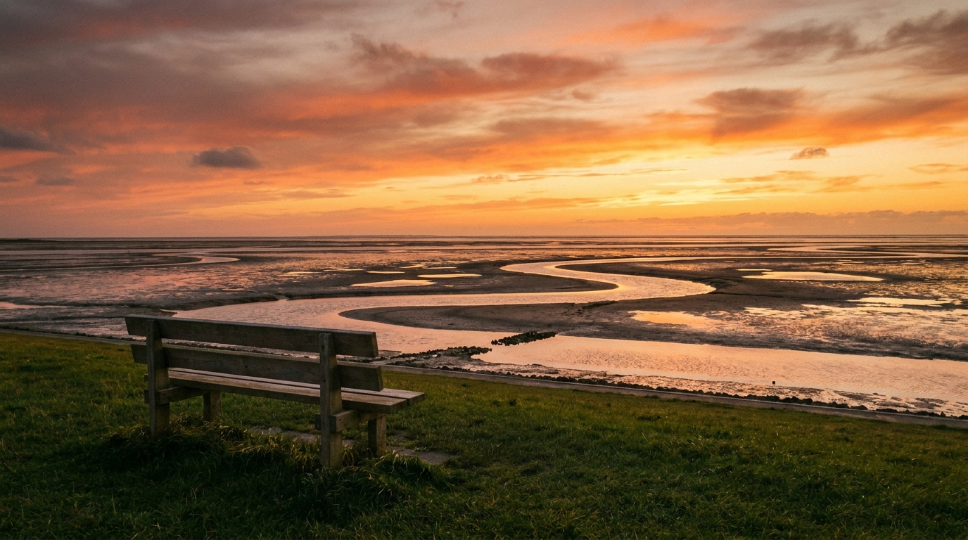 Holzbank auf dem Deich der Nordseeinsel Pellworm mit weitem Blick über das Wattenmeer beim Sonnenuntergang – Entspannungsurlaub an der Nordsee im Radmokerhus