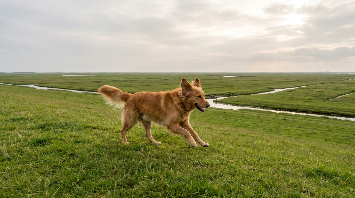 Urlaub mit Hund auf der Nordseeinsel Pellworm: glücklicher Hund läuft frei über den grasbewachsenen Deich mit weiter Wiesenlandschaft – hundefreundliche Ferienwohnungen im Radmokerhus