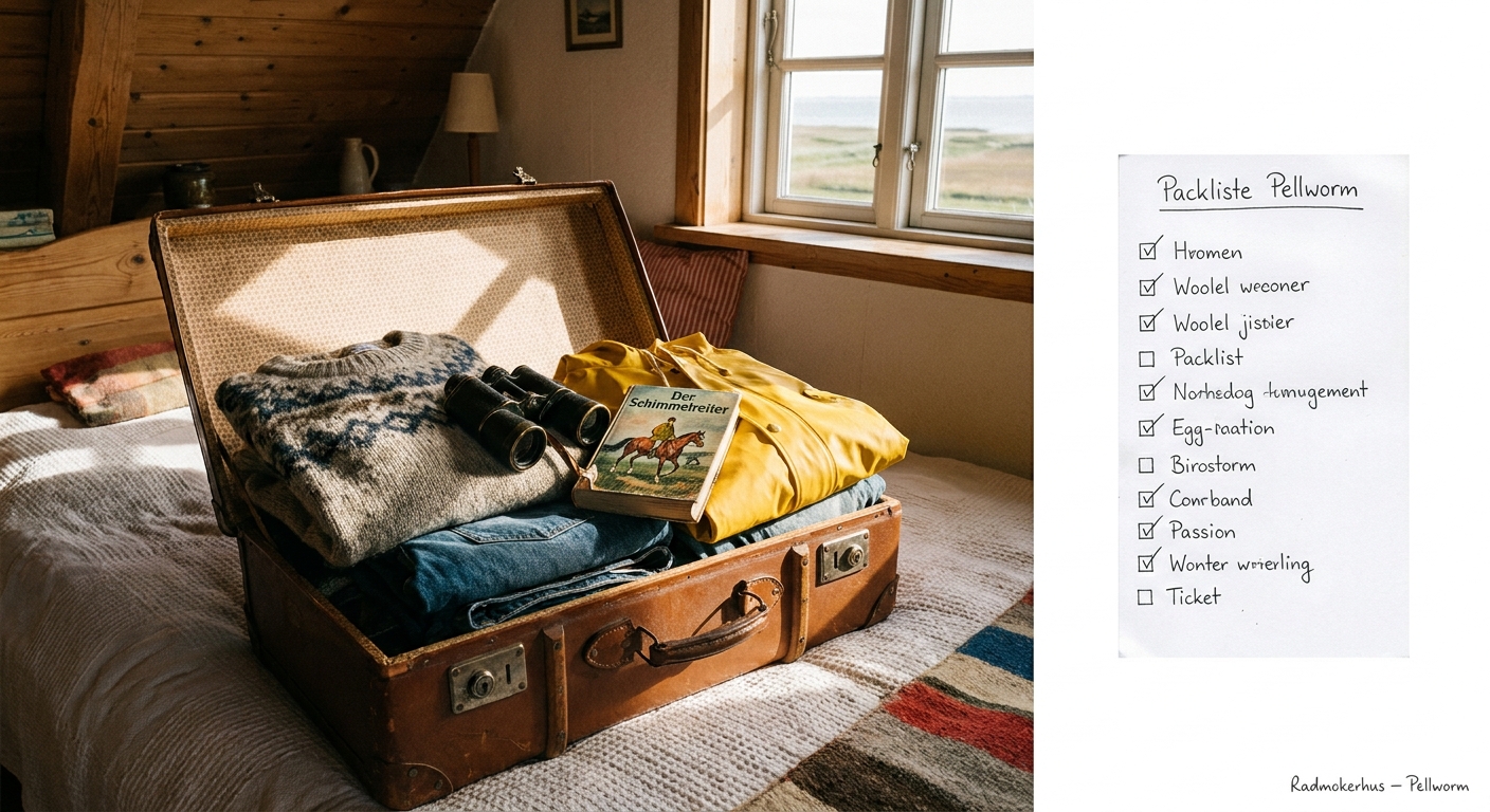 Offener Reisekoffer auf dem Bett mit handschriftlicher Packliste für einen Nordseeurlaub auf Pellworm im Radmokerhus